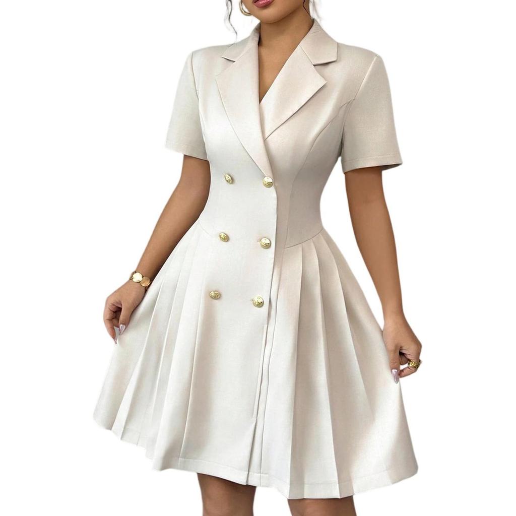 Ladies V-neck Fashion Color Double-breasted Waist Short Sleeve Dress