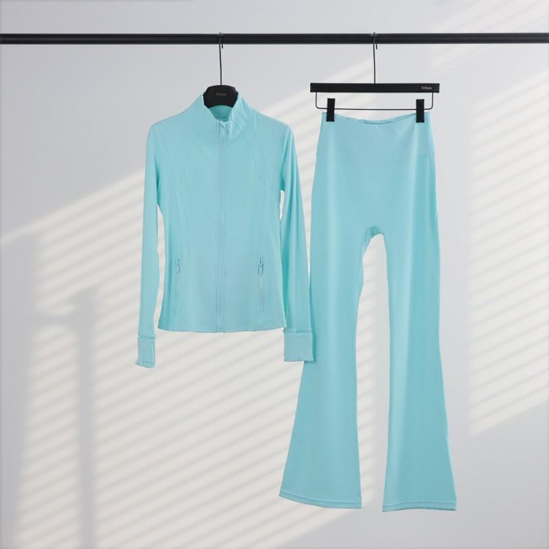 Womens Stand Collar Jacket Flared Pants Set Casual Sporty All-Match Yoga Outfit
