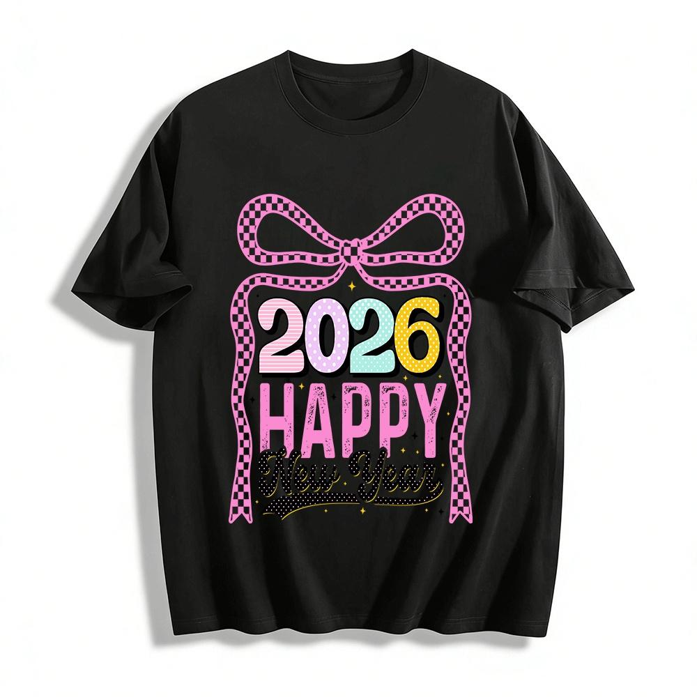 2026 Happy New Year Plaid Bow Graphic Casual Top Pure cotton T-shirt XXS