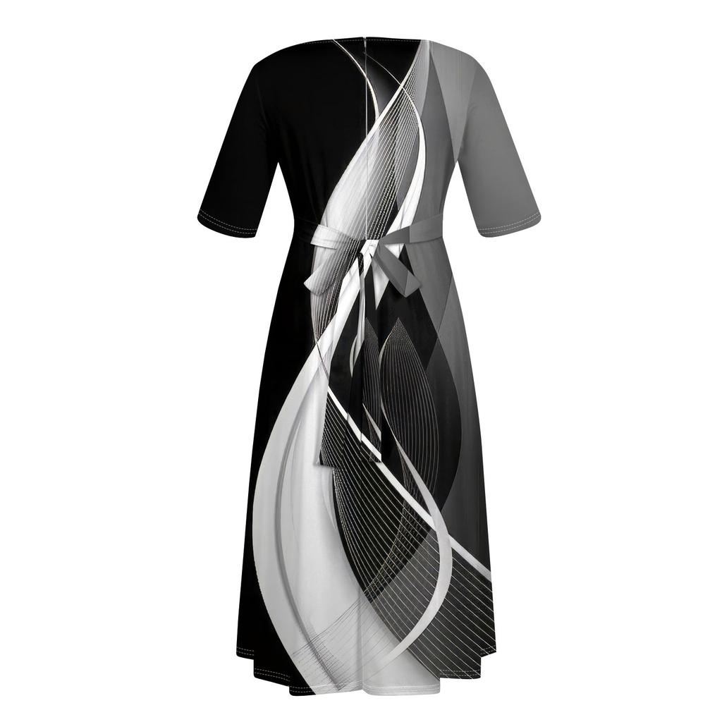 Uformelt mote for kvinner stor størrelse blomstertrykk rund hals trekvart ermer lommestropper swingkjole