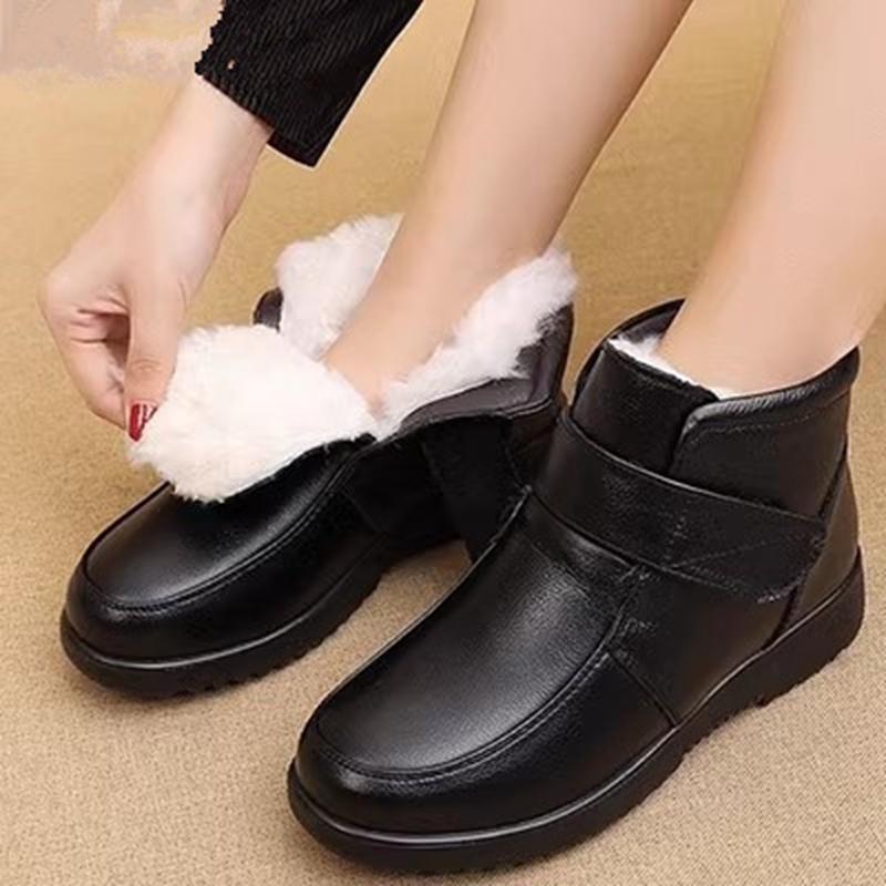 Winter Women Genuine Leather Flat Casual Ankle Boots Female Thick Plush Warm Snow Boots Mother Waterproof Non-slip Booties