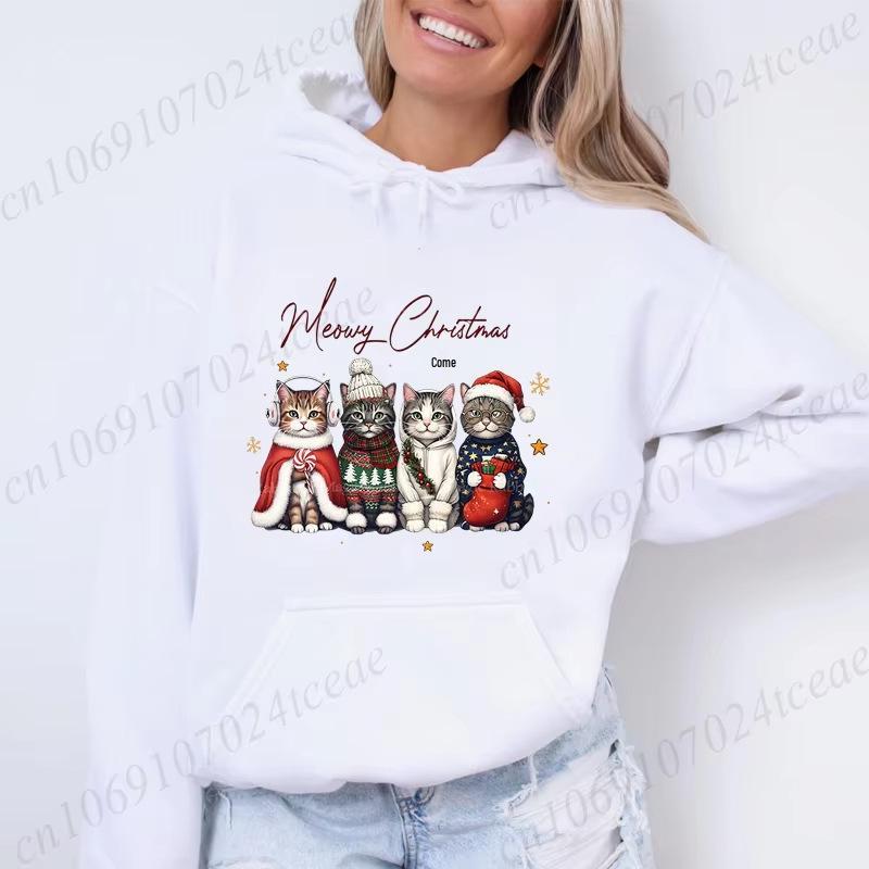 Meow Meow Christmas Cat Print Sweatshirt – Funny Merry Christmas Casual Fashion Top