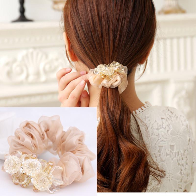 Eleganti scrunchies in tessuto floreale con cristalli per donne e ragazze, elastici per capelli, accessori per legare i capelli, anello per capelli, corda, copricapo