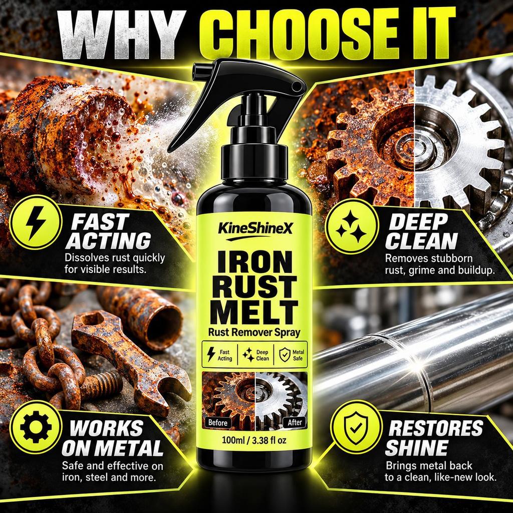 Iron Rust Remover Spray, Fast Acting Rust Melt for Metal, Removes Rust and Grime from Gears Bolts Chains Hinges, Restores Metal Shine, 100ml