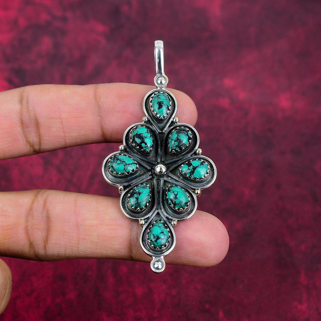 Bijoux en pierre précieuse turquoise tibétaine, Pendentif fait main en argent sterling massif 925, Beau pendentif à chaîne pour femmes