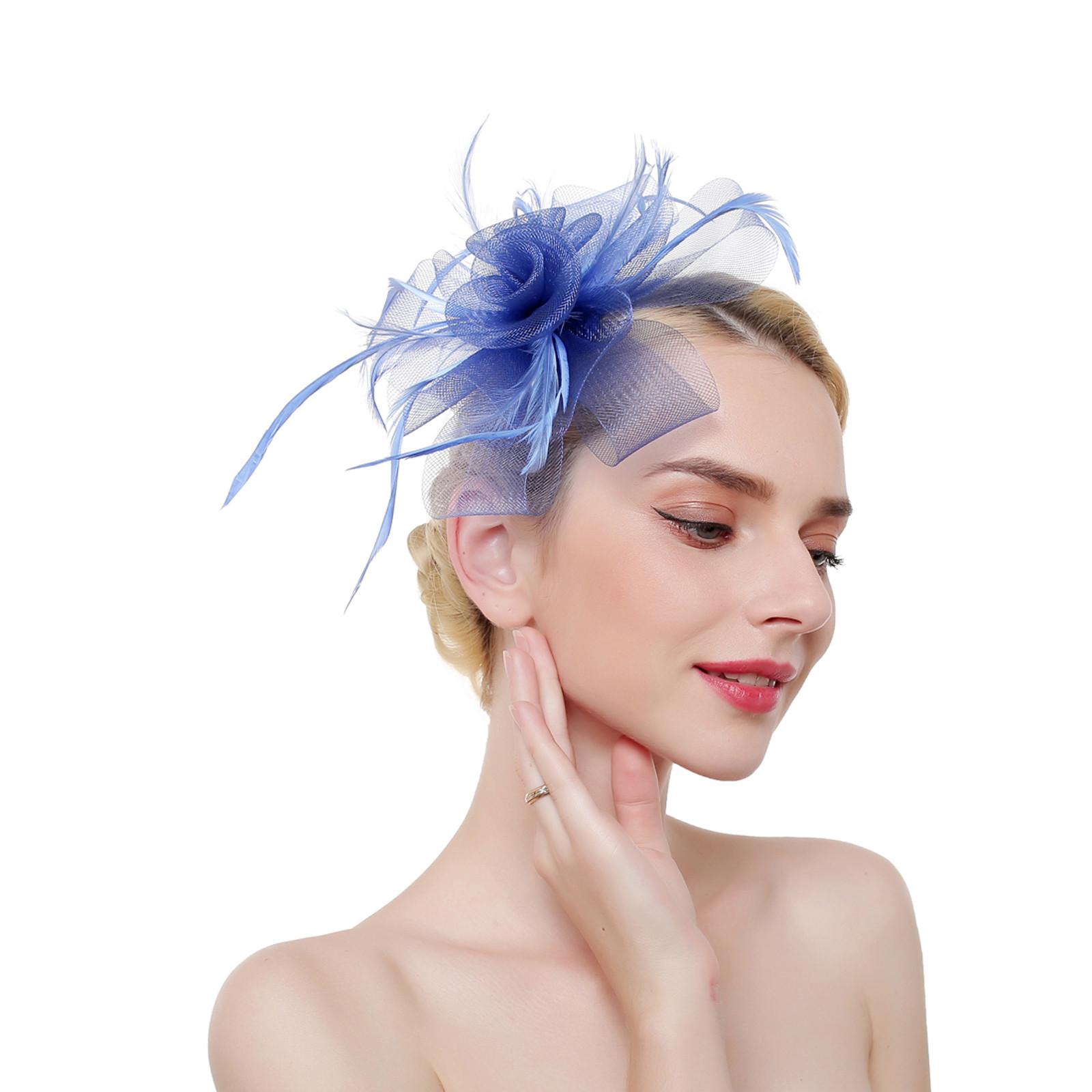 

Женщины цветок сетки ленты перья повязка на голову коктейль чаепитие шляпа головные уборы One Size синий