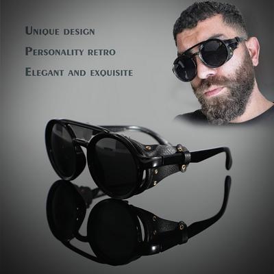 Ochelari de soare nepolarizați Steampunk rezistenți la vânt pentru bărbați Ochelari de soare rotunzi, epoci, clasici, retro, cu două punte, laterale din piele, ochelari de conducere Ochelari