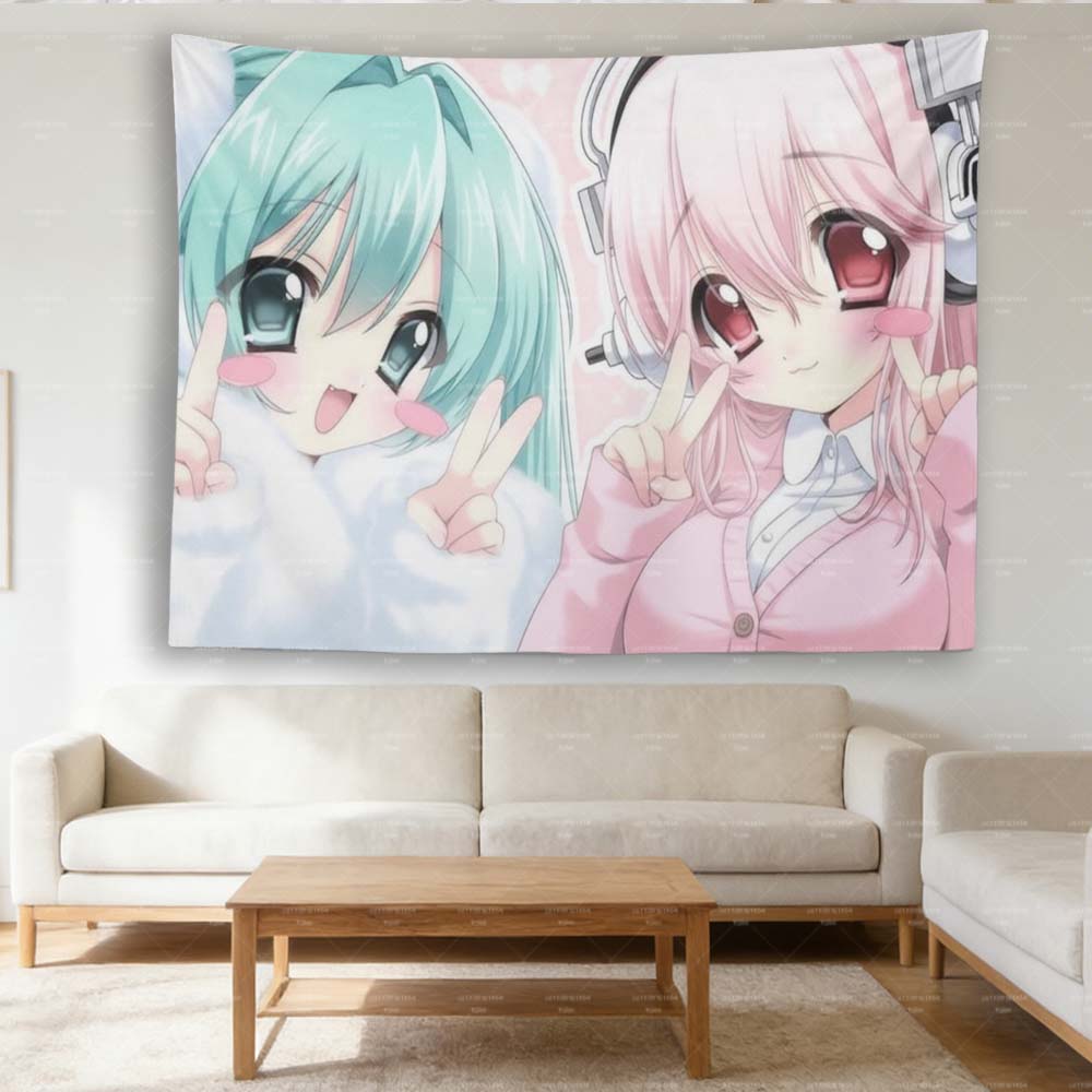 1Pc Super Sonico & Green Hair Anime Girl Tapestry, Kawaii Chibi Wall Hanging For Bedroom, Otaku & Pastel Room Decor