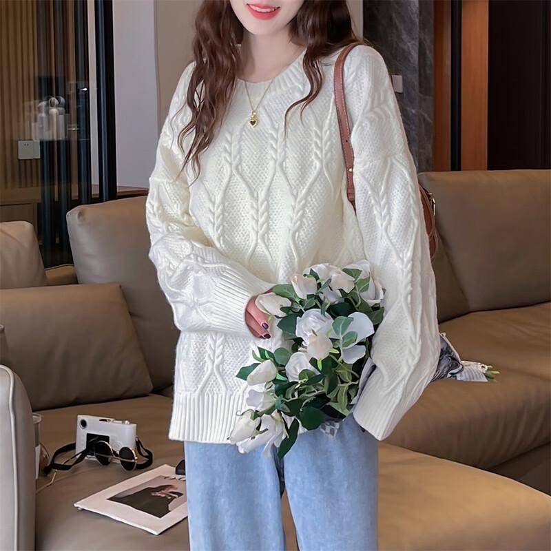 TonLion Women's Retro Cable Knit Crew Neck Pullover Sweater