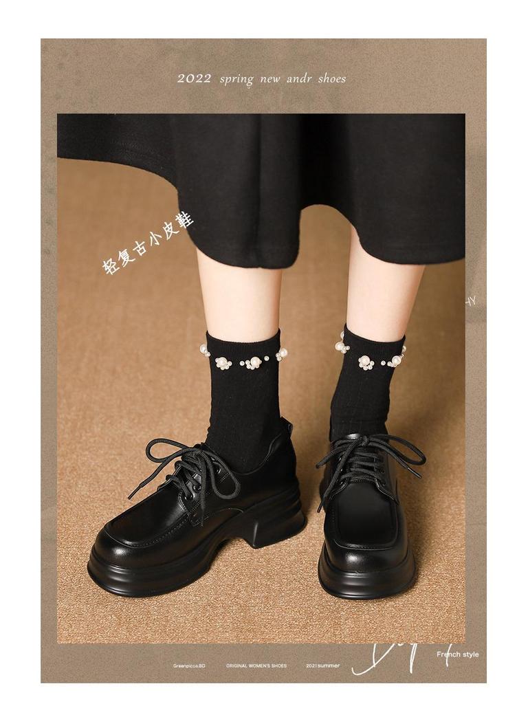 Damen 2025 Frühling Britischer Stil Dicksohlige Lackleder Plateau-Loafer, Höhenverstärkende Vielseitige Schnürschuhe