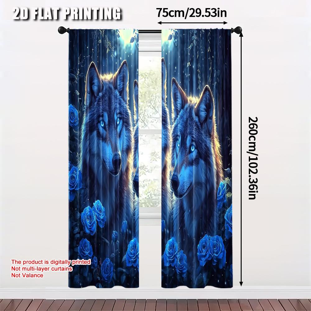 2pcs,2D plane printing Minimalist Curta Mystical Wolf & Blue Roses Polyester Easy Install (without rod) Holiday for Kitchen,