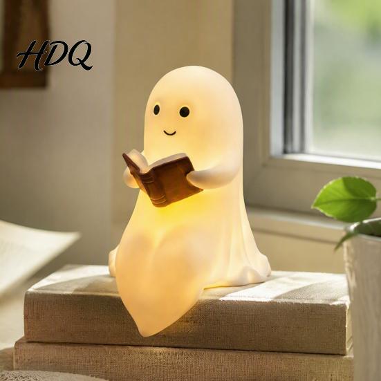 Novelty Dorm Room Decor Halloween Ghost Lamp Cute Middle Finger Ghost/Reading Book Night Light Funny Vinyl Ornament Spooky Figurine for Tabletop,