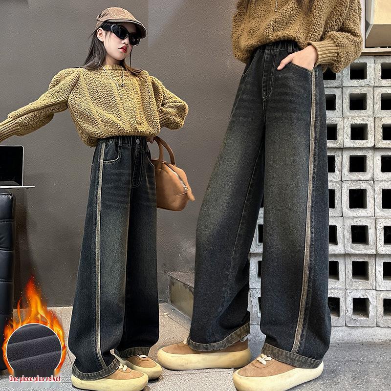 

Джинси з широкими штанинами на флісовій підкладці для дівчаток - Осінь/Зима 2024 Потовщені штани прямого крою для старших дітей 150 cm синьо сірого кольору