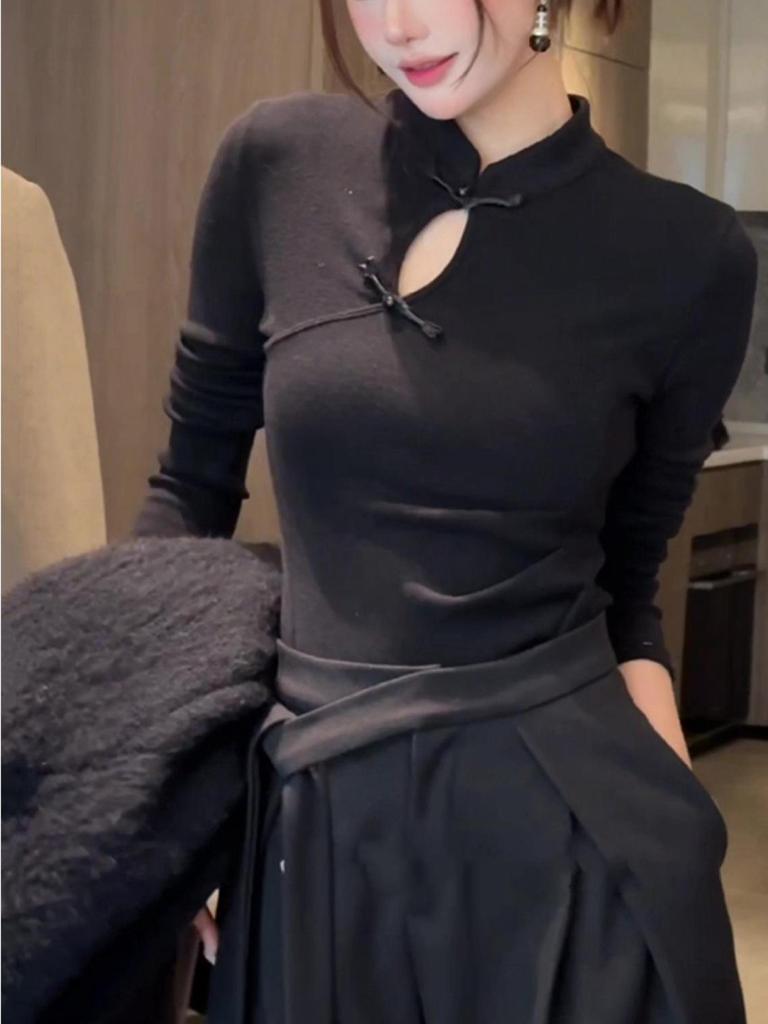 Women's Early Spring Chinese Style Stand Collar Frog Button Long Sleeve Slim Fit Shirt