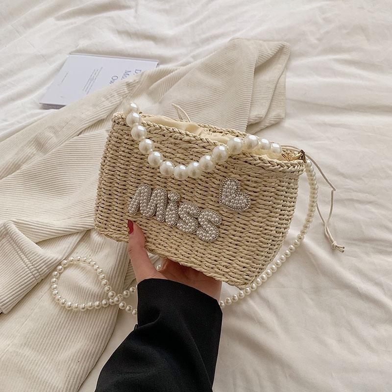 Summer Straw Bag Women's Pearl Hand Woven Bag Fairy Beach Vacation Beach Bag Chain Crossbody Bag
