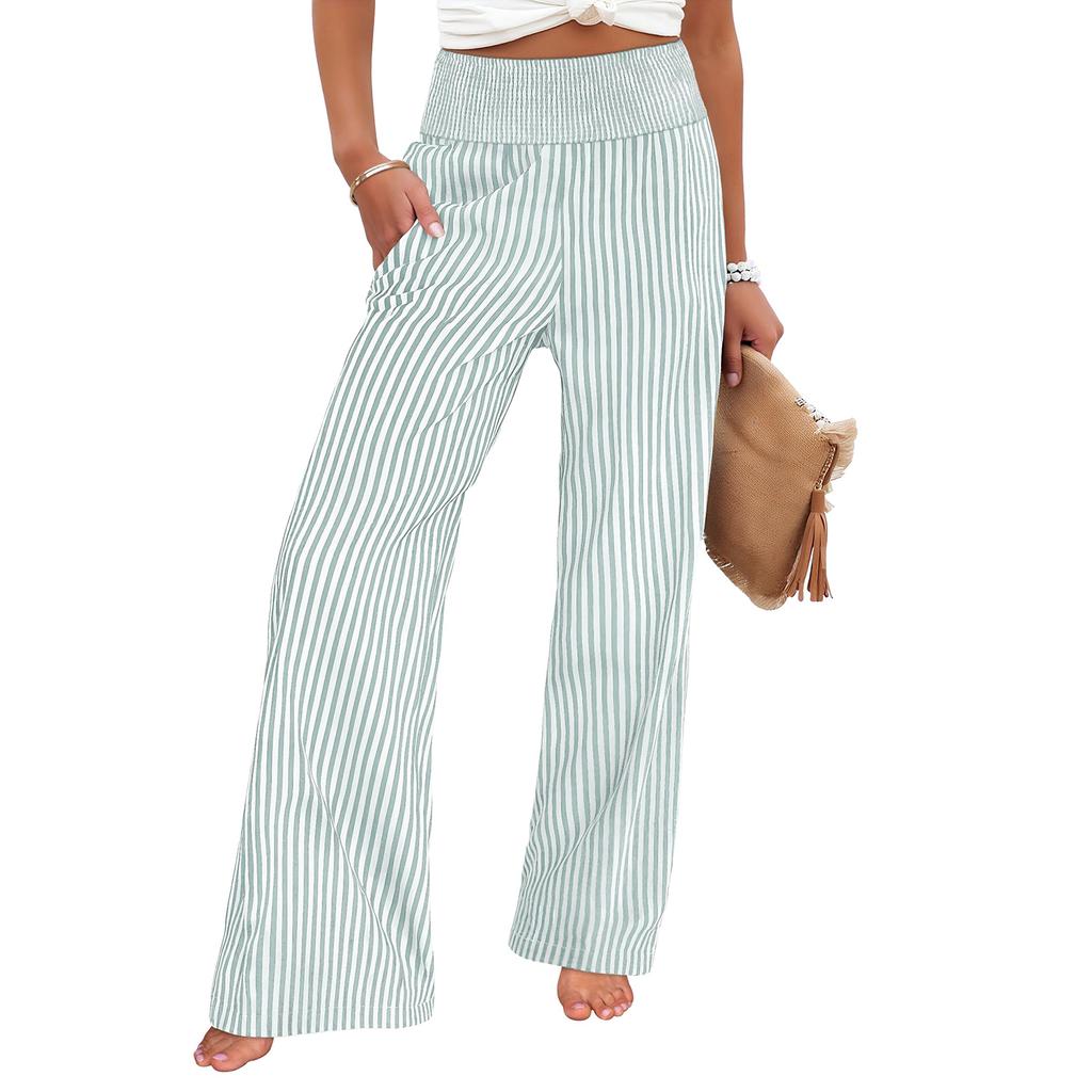 Women's Fashion Loose Pleated Elastic Waistband Pocket Striped Casual Pants