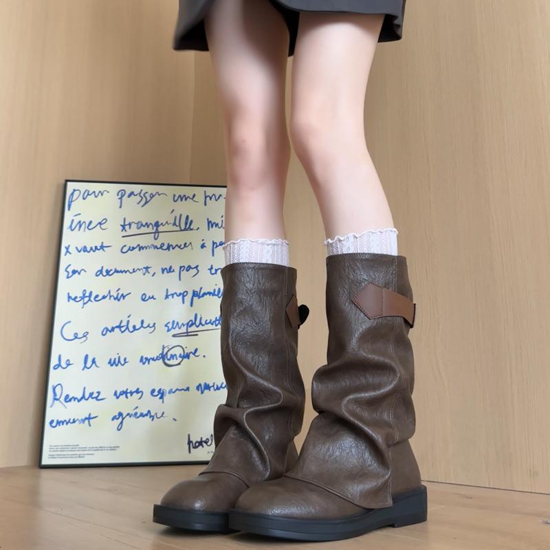 2025 retro belt buckle trousers women's western cowboy boots autumn and winter knee-high fashion boots