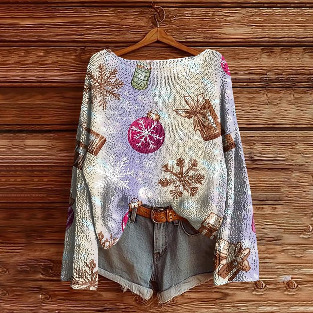 Dame Juleprint Lett Genser Casual Langermet Strikket Pullover