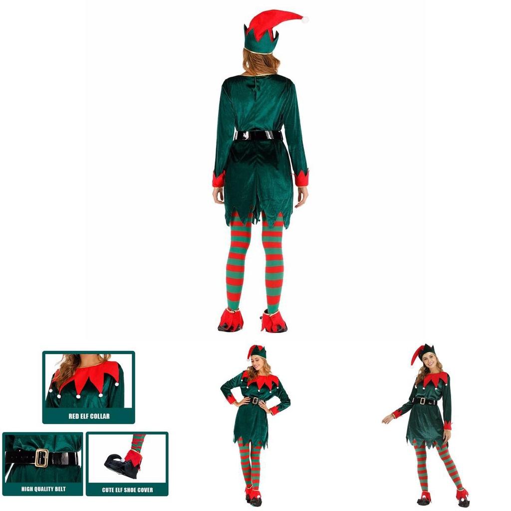 Women's Xmas Elf Cosplay Costume Soft Velvet Skirt With Bells Serrated Cuffs