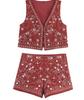 European American Women's Mirror Effect Embroidery Vest & Shorts Set