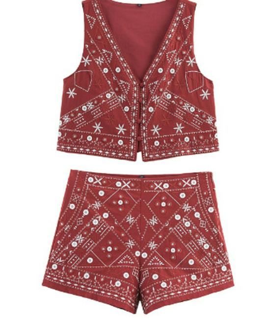 European American Women's Mirror Effect Embroidery Vest & Shorts Set
