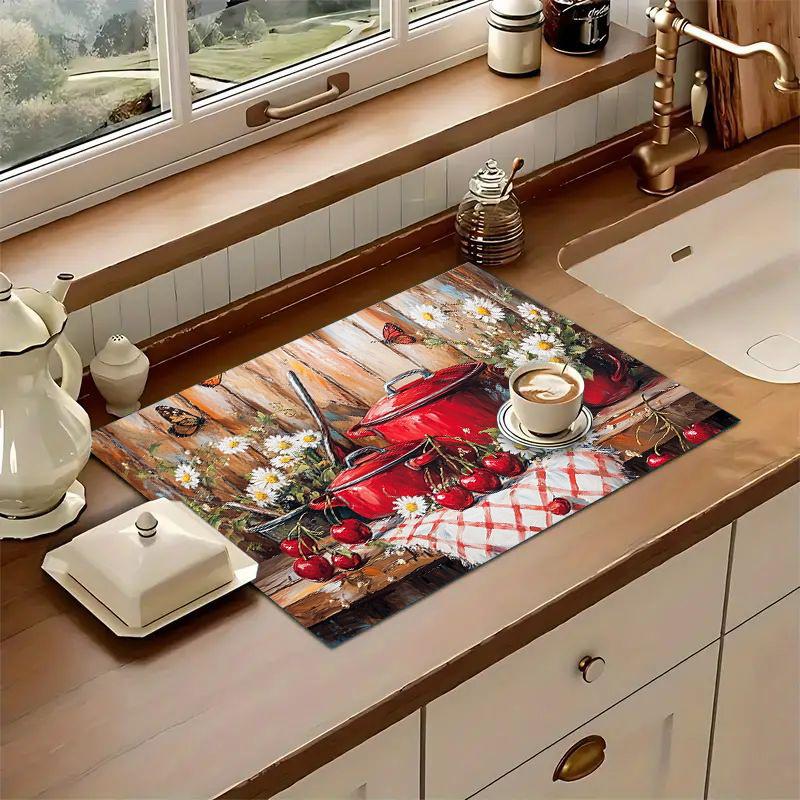 1Pcs Rubber Drying Mat With Garden Decorative Dish Drying For Coffee Shop Restaurant Kitchen Carpet Tableware Durable Diatom Mud