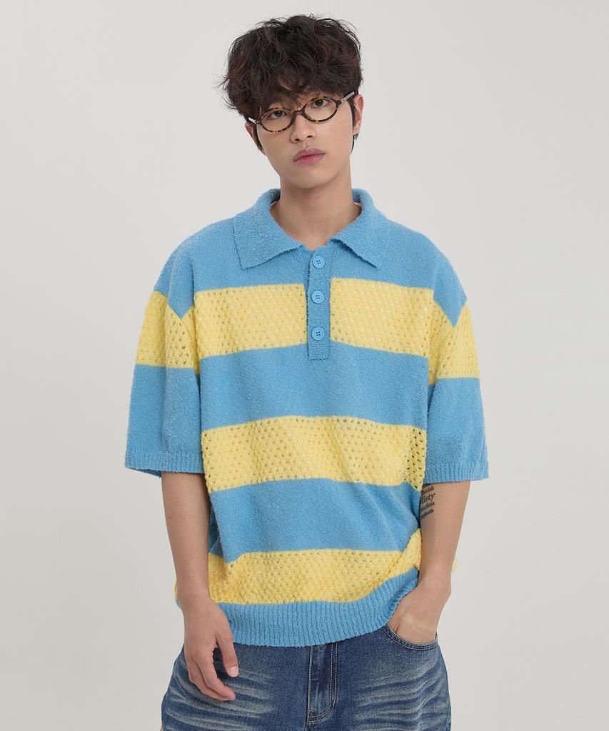 WAIKEI Sky Blue Striped Collared Short Sleeve Knit
