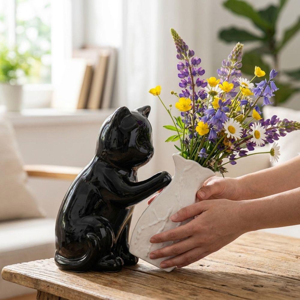 Cat Statue Cat Pushing Vase Unique Flower Holder Kitten with Tilted Flower Vase  Home Decor