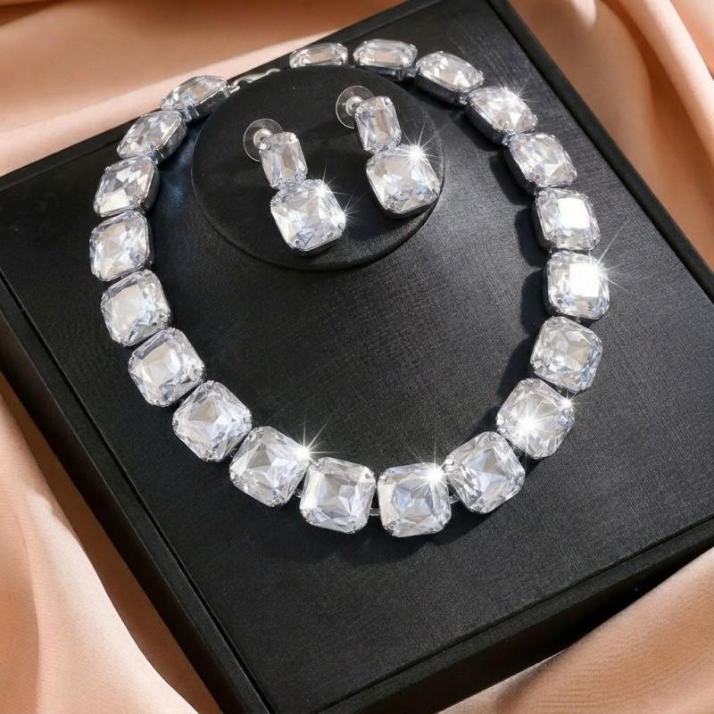 Geometric Cube Crystal Statement Earring Choker Necklace Set Women Fashionable Oversized Rhinestone Jewelry In White Or