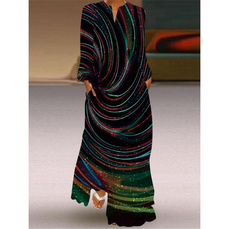 Long Sleeve Dress New Fashion Women's Clothing 3D Colorful Printing Stage Show Travel Photo Pocket V Neck Dress