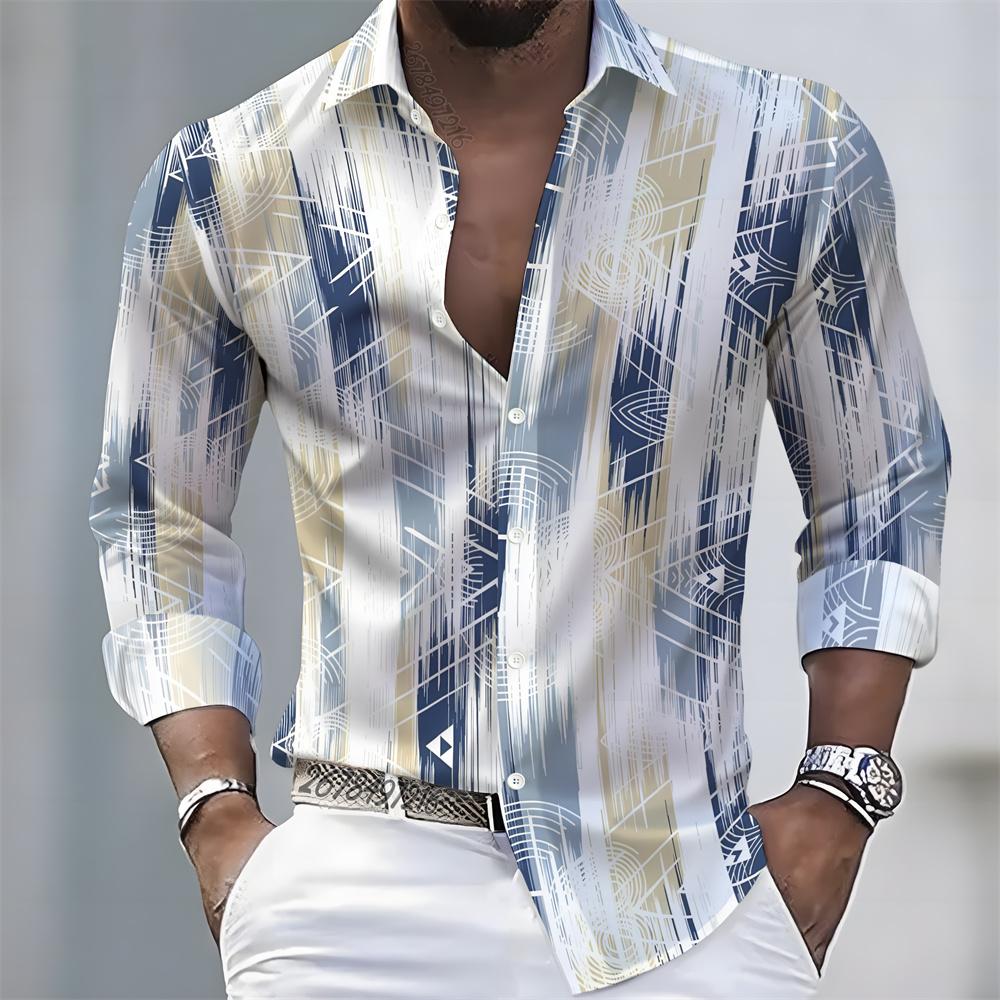 Men's Artistic Printed Long-Sleeved Shirt, Retro Color-Blocked Design, Casual Shirt, Versatile and Stylish Top for Commuting