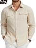 Men's Double Pocket Cotton Linen Long Sleeve Shirt - Casual Holiday Simple Lapel Solid Cargo Shirts Tops