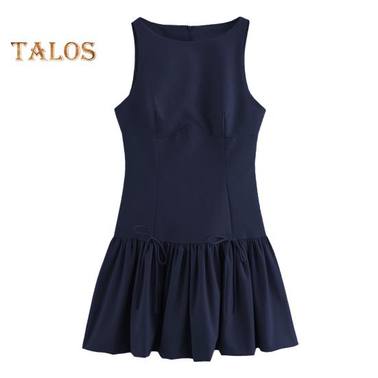 Sommerkleid für Damen, ärmellos, Schleifendekor, plissiert, A-Linie, einfarbig, Minikleid mit Reißverschluss auf der Rückseite, O-Ausschnitt, Westenkleid für Dating-Party