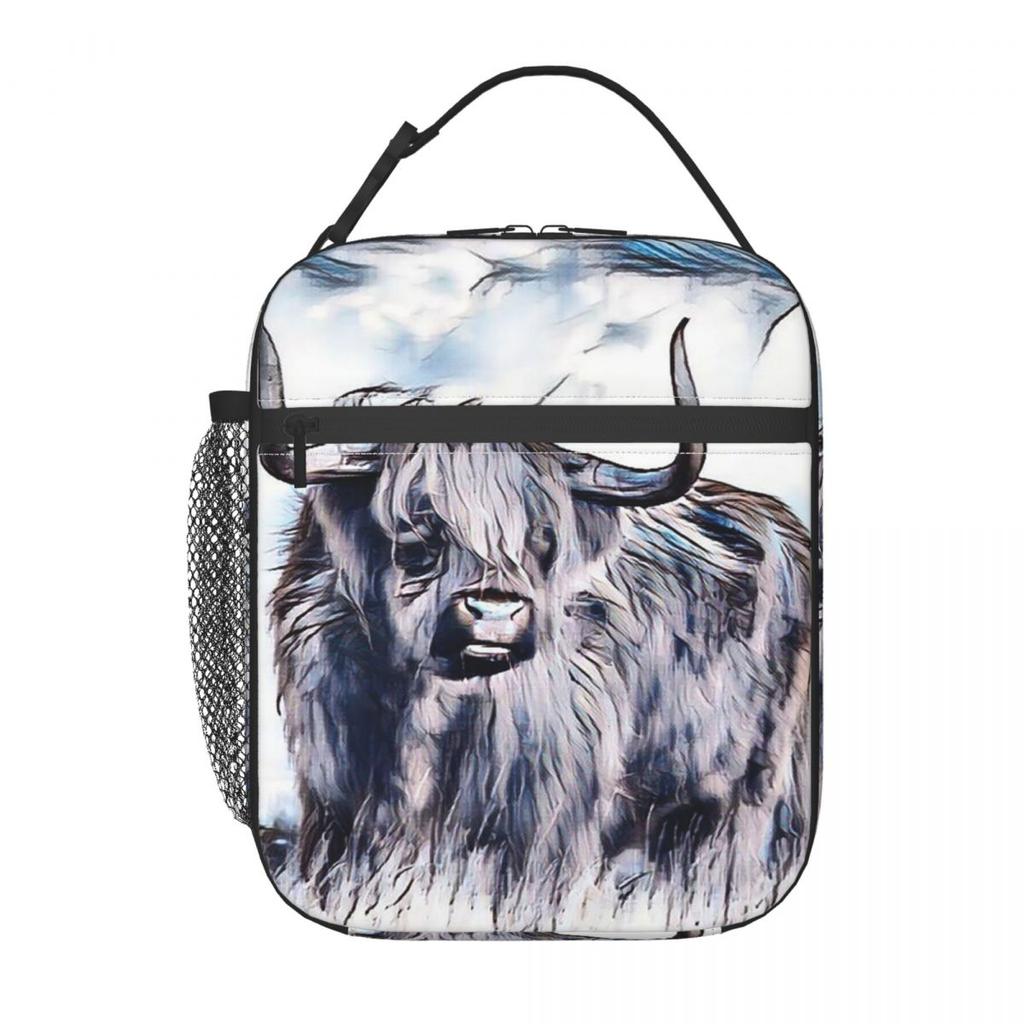 Graue Hochland-Yak-Muster-Isolierte Lunchtasche für Damen Kinder Tragbare Lebensmittelboxen Thermische Lunchbox Tragetasche