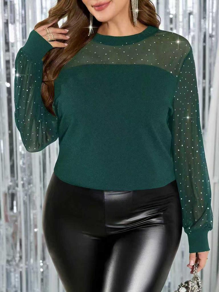 Women's Plus Size Mesh Rhinestone Long Sleeve Top Elegant Round Neck Party Blouse