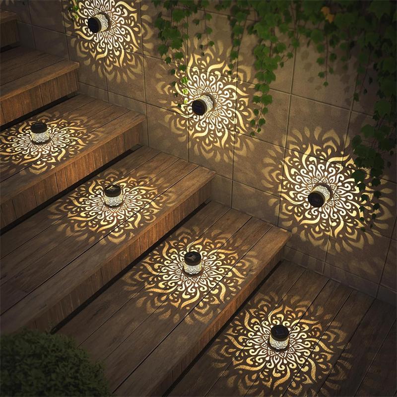 2Pcs Solar Fence Lights Metal Solar Powered Outdoor Wall Deck Step Lights Mandala Theme Waterproof Fence Light for Garden Decor