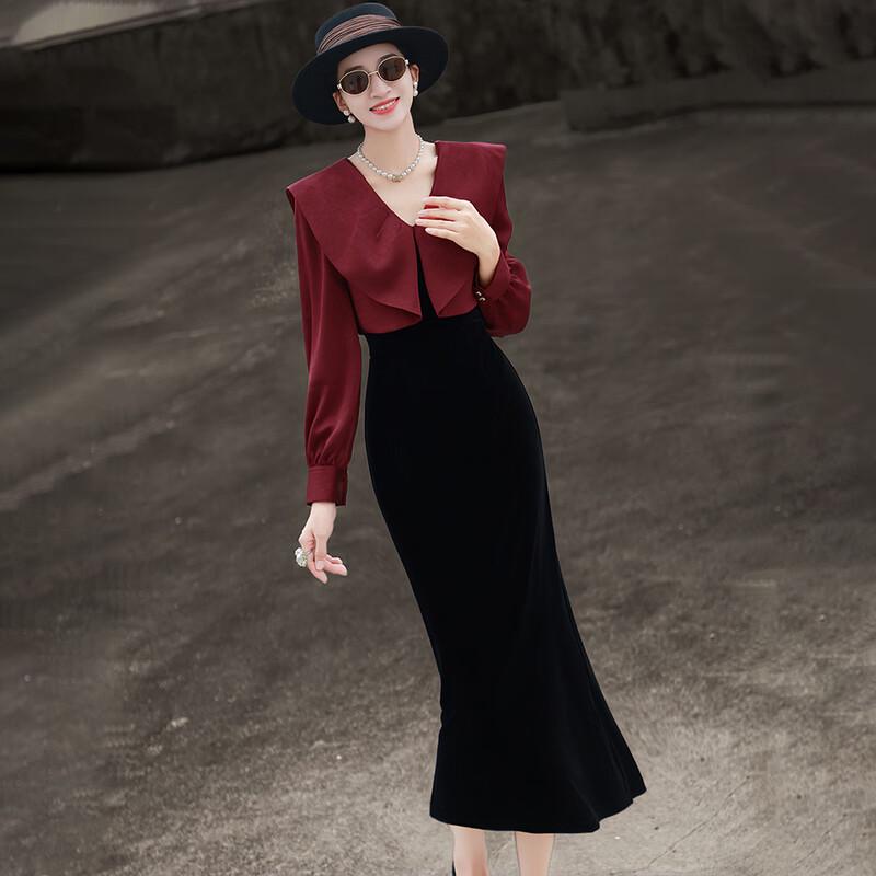 Elegant Retro Ruffle Color Block Velvet Dress L