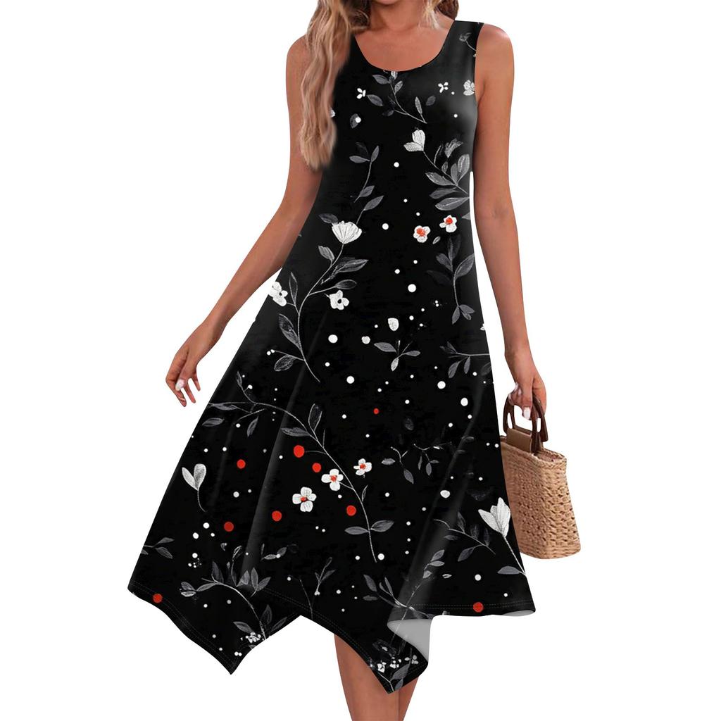 Women's Casual Fashion Round Neck Sleeveless Print Irregular Hem Midi Dress Hem Midi Dress