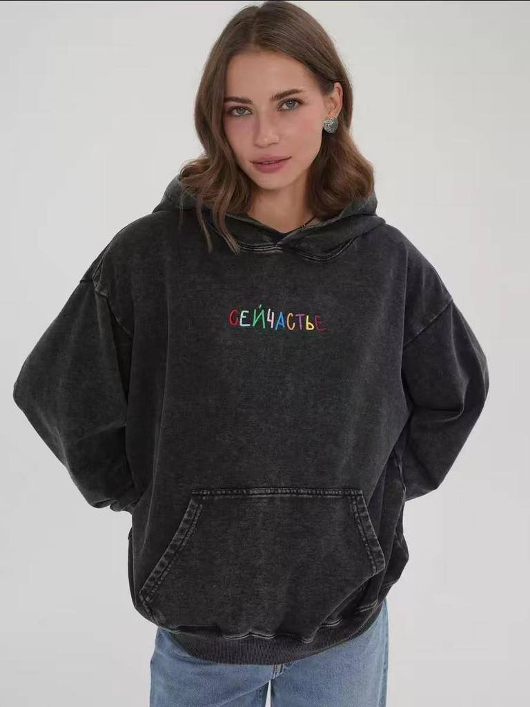 Autumn/Winter 2024 Retro Embroidered Hooded Sweatshirt: European/American Style, Mid-Length, Loose Fit, Washed & Distressed.