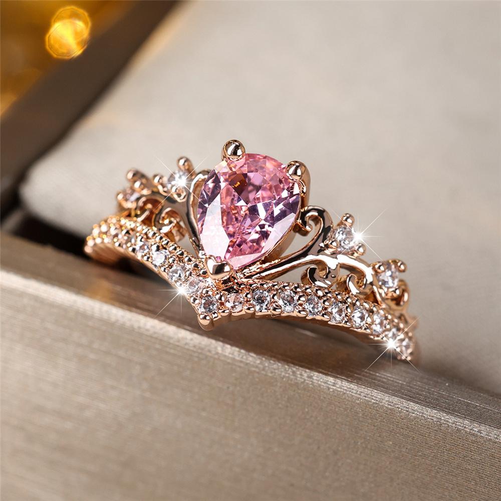 Luxury Female Pink Water Drop Zircon Stone Ring Dainty Rose Gold Wedding Jewelry For Women