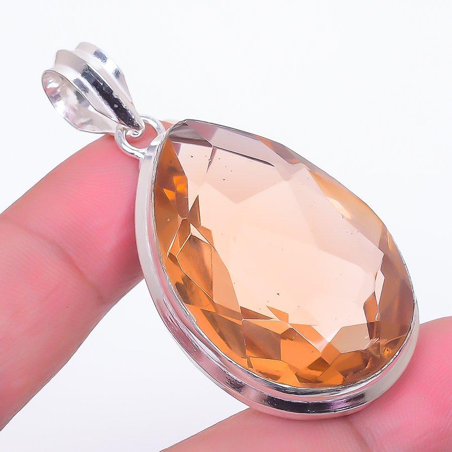 Lab Created Morganite Pendant 2.2" Silver Tone Pear Cut Gemstone Artisan Jewelry