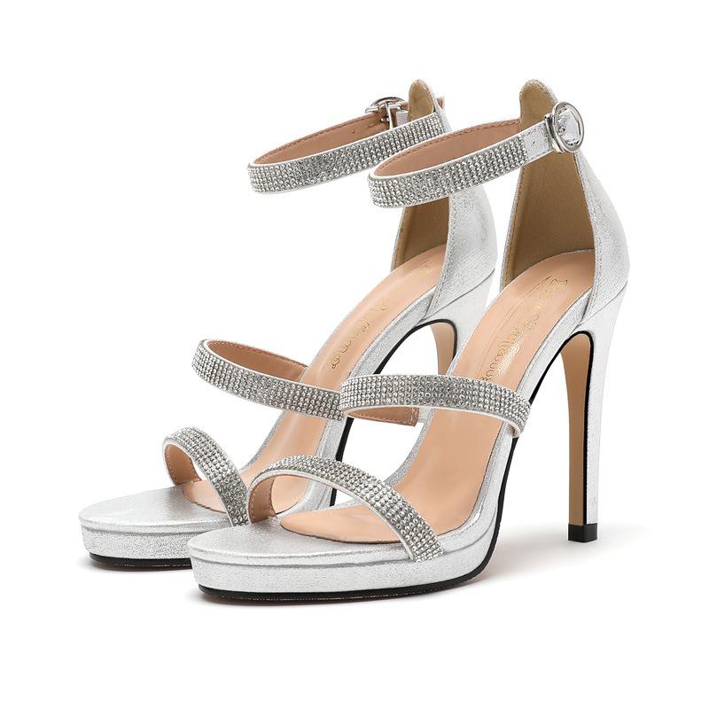 

New foreign trade simple style with rhinestone thin heel high heels waterproof table thick sole large size women s sandals 35 серебряный