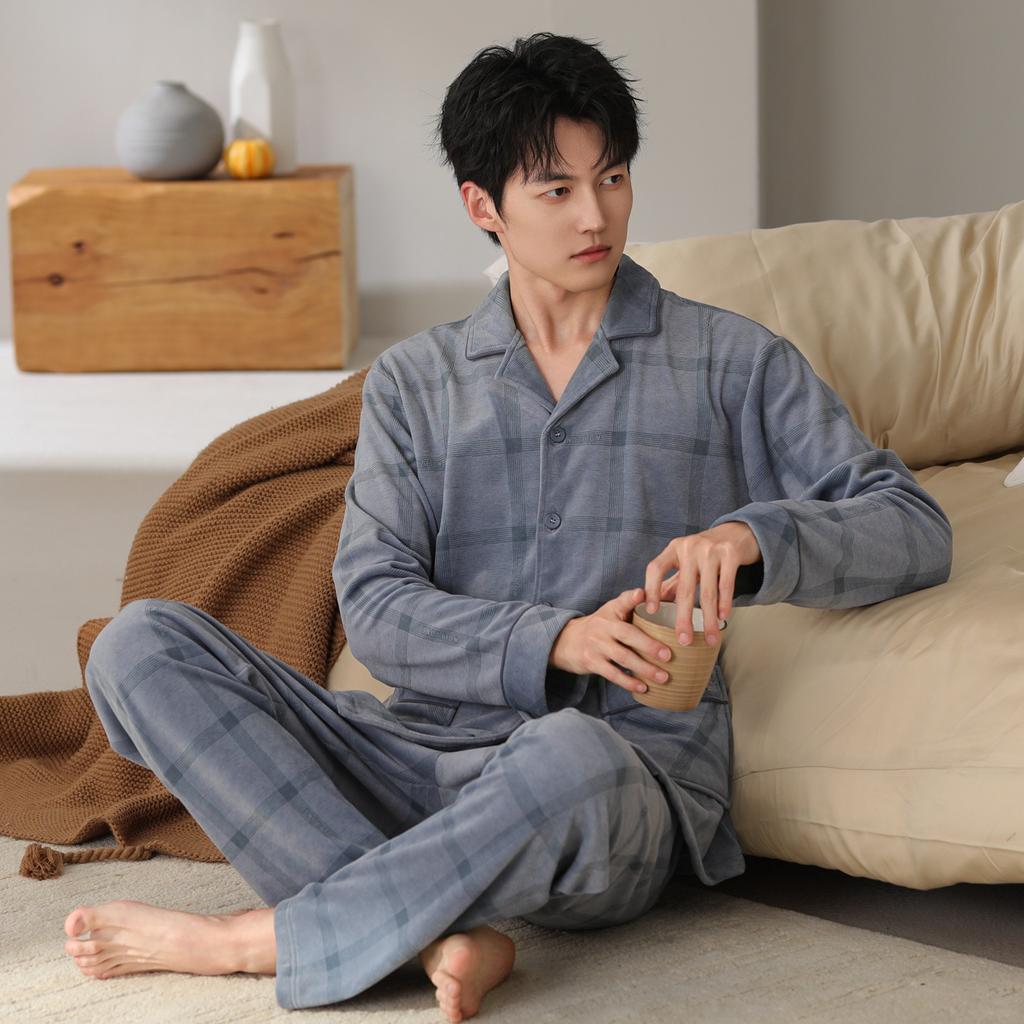 Island fleece pajamas men's autumn and winter cardigan high-end men's casual coral fleece warm loungewear winter suit