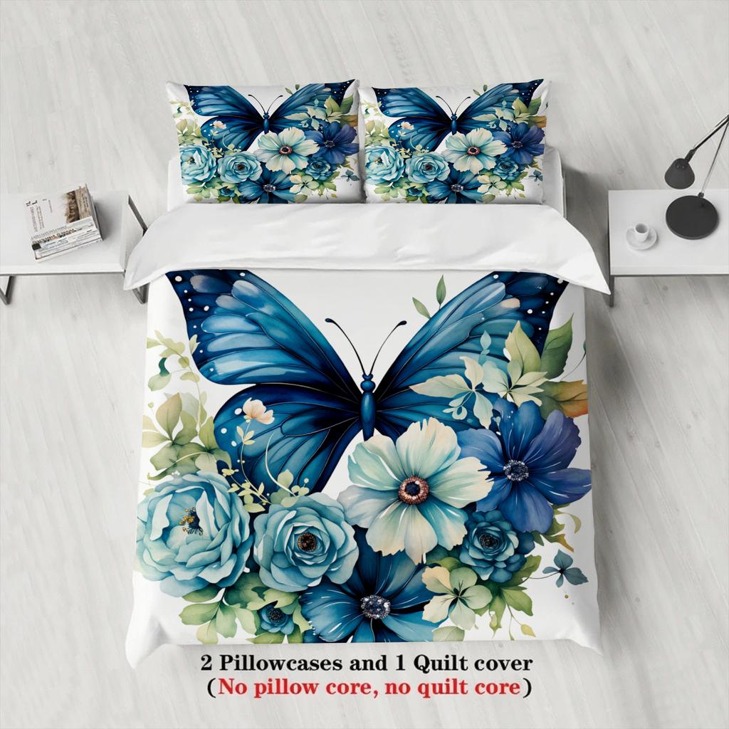 3pcs Butterfly Flower Bedding Sets 3D Printed Blue Floral Easy Care Duvet Cover Sets With Pillowcases No Filling