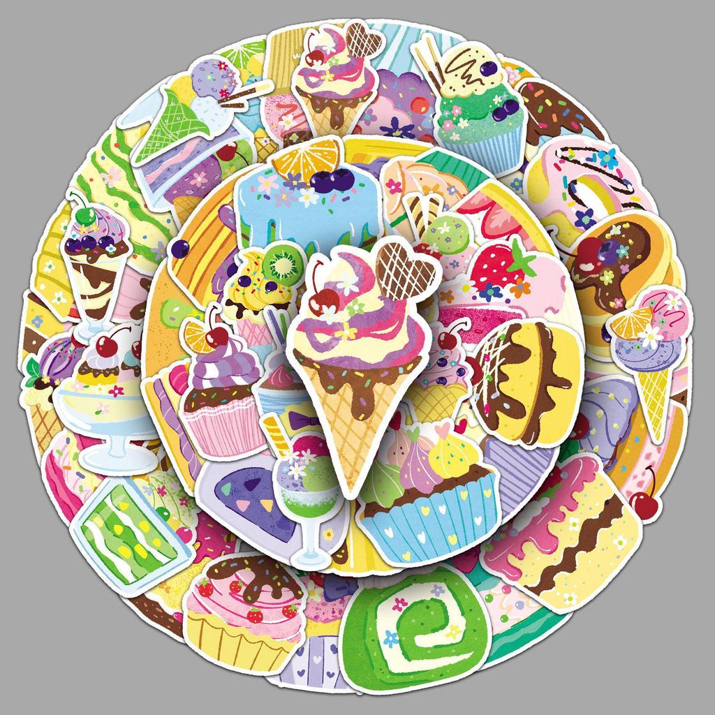 50 Original Dessert Stickers - Cute Hand-Painted Waterproof Food & Cake Designs
