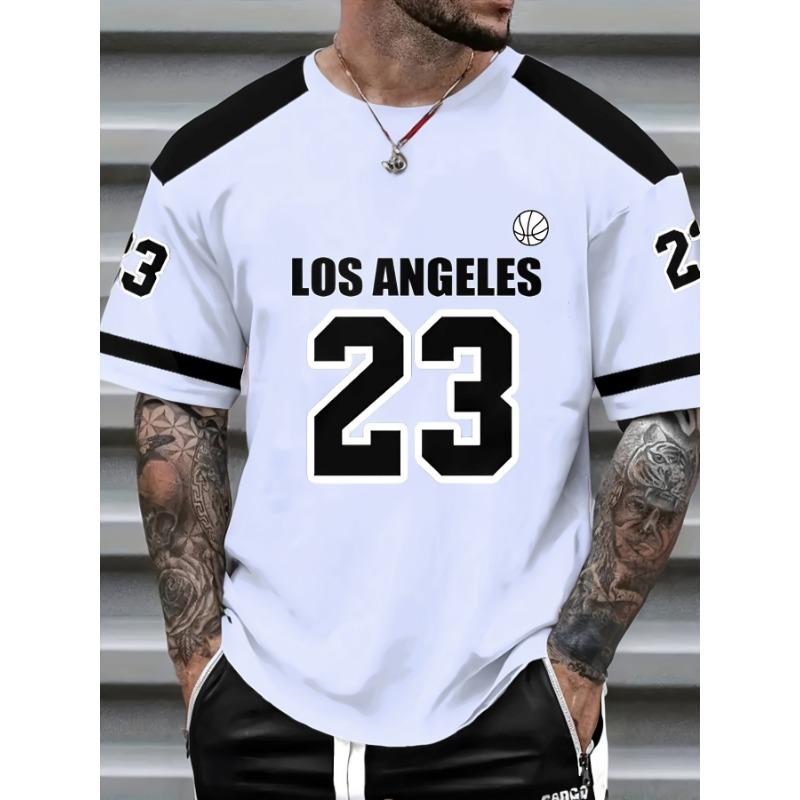 Verano europeo y americano para hombre Los Ángeles estampado de letras a rayas cómodo transpirable cuello redondo