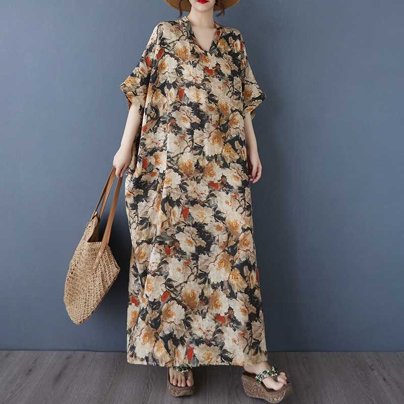 

Женское винтажное длинное платье с узорами из хлопка и льна One size