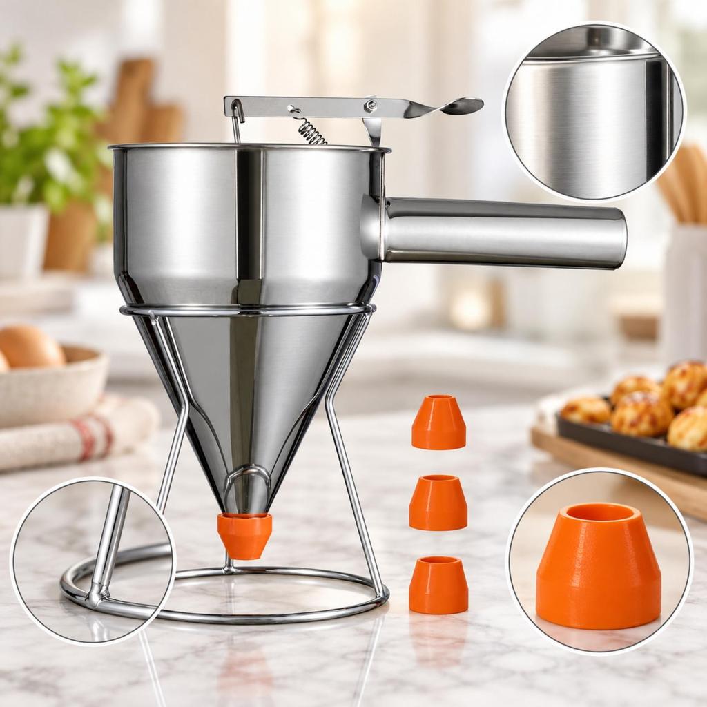 metal Batter Dispenser Control with Stand Funnel for Home Cooks, Food Stall