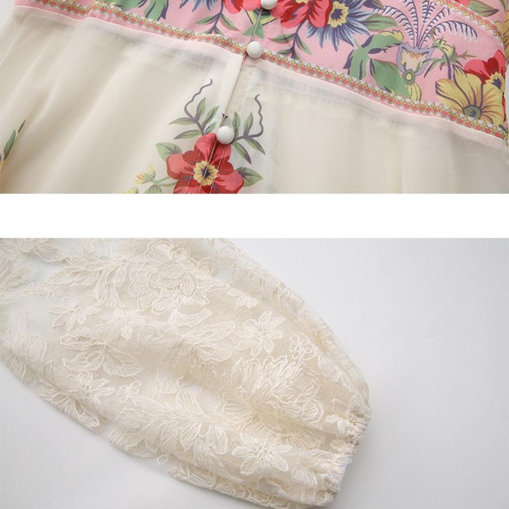 2026 Spring/Summer Resort-Style V-Neck Puff Sleeve Lace-Panel Printed Long Maxi Dress