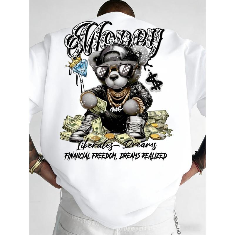 Fashionable men's summer teddy bear wealth letter print comfortable and breathable round neck T-shirt outdoor street top